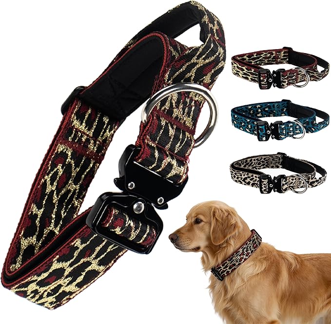 Heavy Duty Dog Collar with Unique Leopard Totem Design Adjustable Durable Nylon Collar, Metal Buckle for Large Dogs Bold Style for Training & Outdoor Adventures (Red Leopard S)
