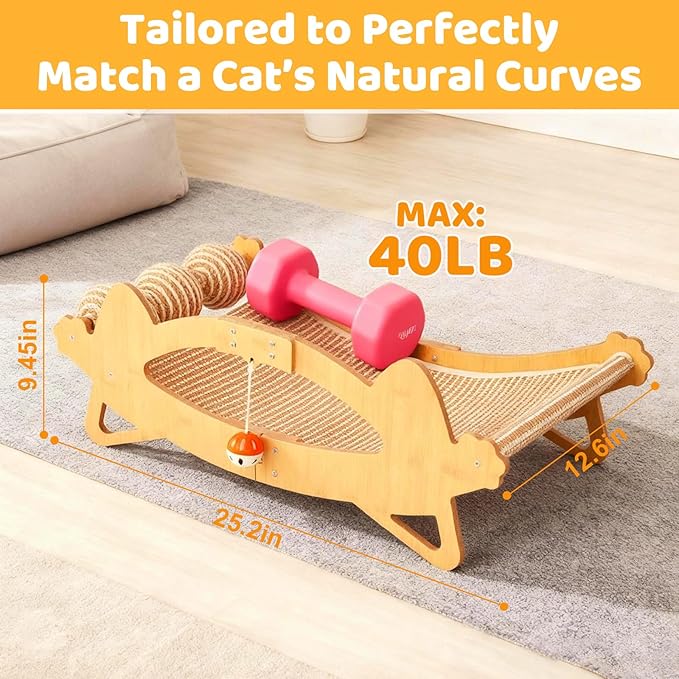 Cat Scratcher Bed, 3-in-1 Cat Scratching Pad with Hammock & Ball, Natural Sisal with Solid Wood Frame Cat Scratch Post for Indoor Cats Lounger & Sleep & Scratch