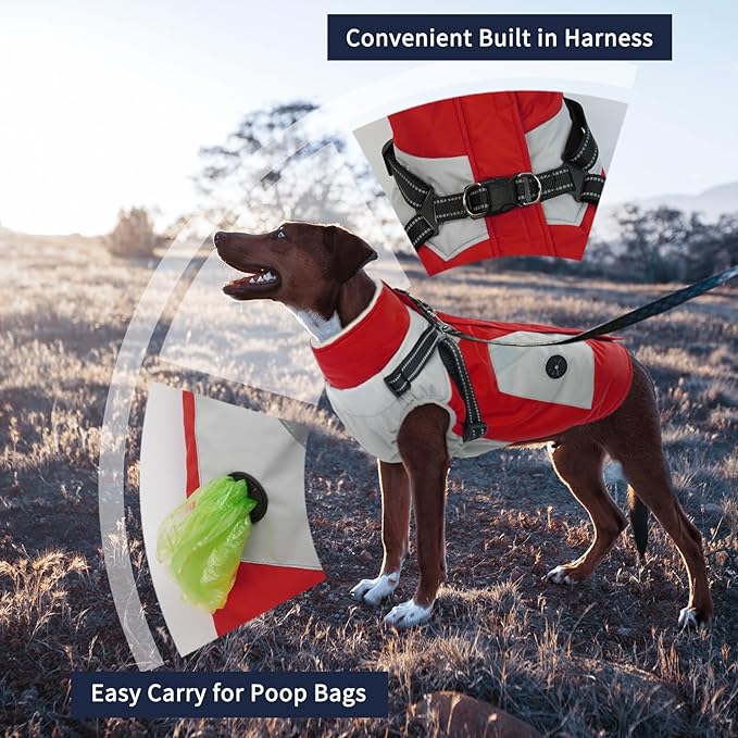 IECOii Dog Coat for Large Dogs Waterproof Dog Winter Jacket with Harness Built in, Red - XXLarge, Thermal Warm Fleece Lined, Reflective Dogs Jackets for Cold Weather Camping, Hiking, Pitbull