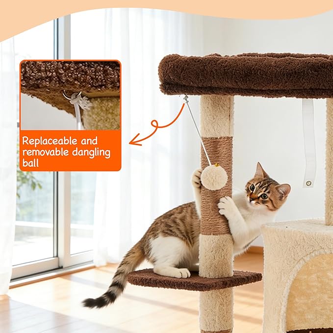 45.3-inch Multi-Level Cat Tree Tower with 3 Soft Platforms & 2 Cat Caves, Fully Wrapped Sisal Scratching Post for Indoor Cats, Dangling Toy, Brown