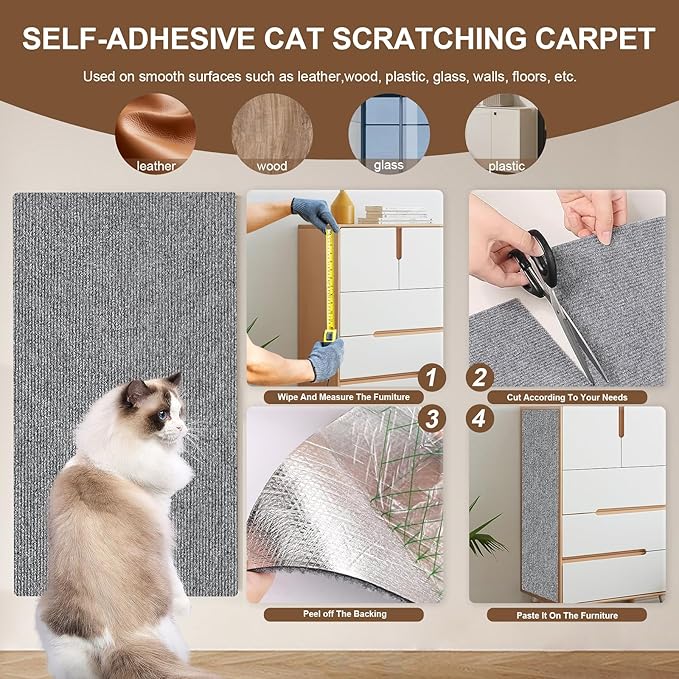 Cat Scratching Mat, 78.7"x15.8" Self-Adhesive Carpet Mat Trimmable Replacement for Cat Tree, Cat Wall Shelves, Cat Scratching Post, DIY Couch Sofa Furniture Door Protector