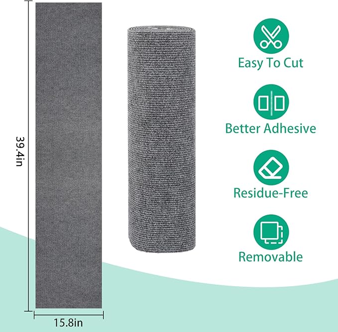 Trimmable Cat Scratcher Mat, 39.4"x15.8" Self-Adhesive Cat Scratching Carpet Pad Replacement for Cat Tree Shelves, Steps and Posts, DIY Cat Scratch Couch Furniture Protector