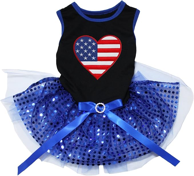 Petitebella USA Heart Puppy Dog Dress (Black/Blue Sequins, X-Small)