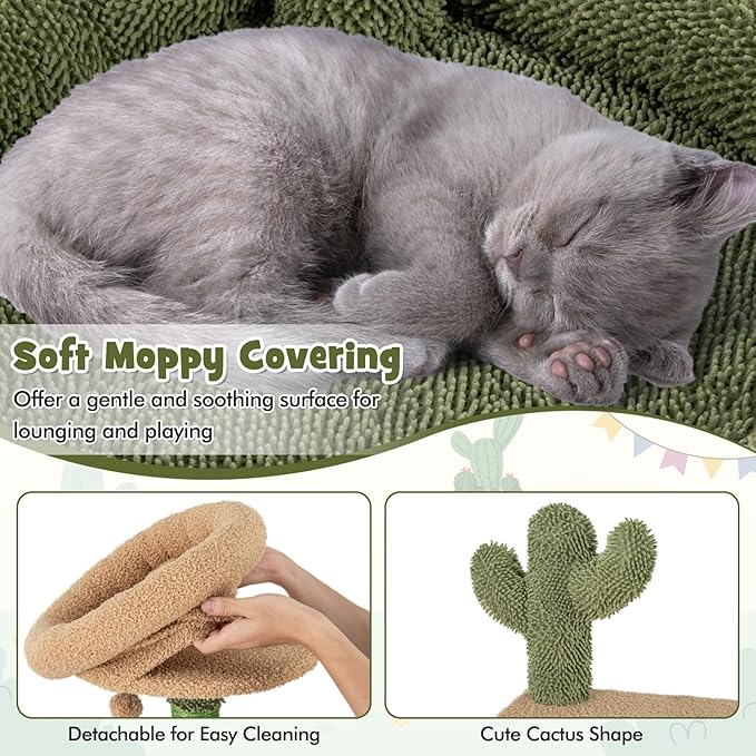 Tangkula Cactus Cat Tree, 59 Inch Tall Cat Tower with Sisal Scratching Posts, Cat Condo, Perch, Space Capsule, Large Bed, Self Groomer, Rope, Ball, Green Cute Cat Tree Tower for Indoor Cats