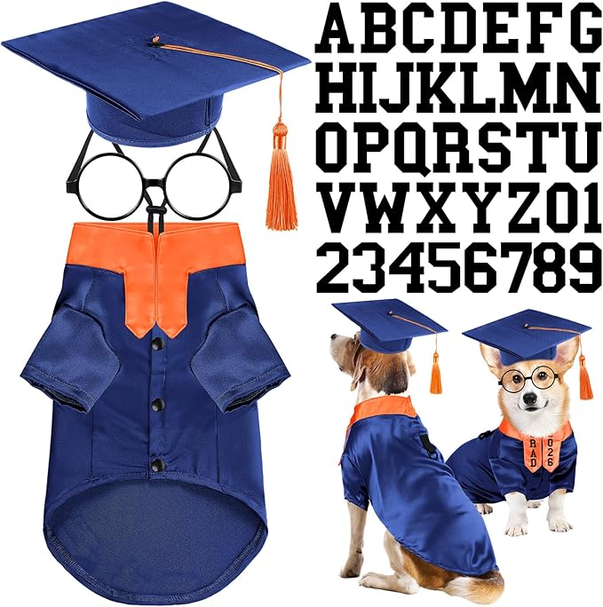 5 Pcs Dog Graduation Costume Set Include 2026 Pet Graduation Gown with Stole Puppy Grad Cap Lensless Glasses DIY Letter Stickers for Dogs Cats Holiday Costume Accessory(Blue Orange,L)