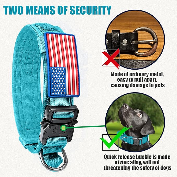 Tactical Dog Collar Military Dog Collar Adjustable Nylon Dog Collar Heavy Duty Metal Buckle with Handle for Dog Training,with Patches(Light Blue 1, XL)