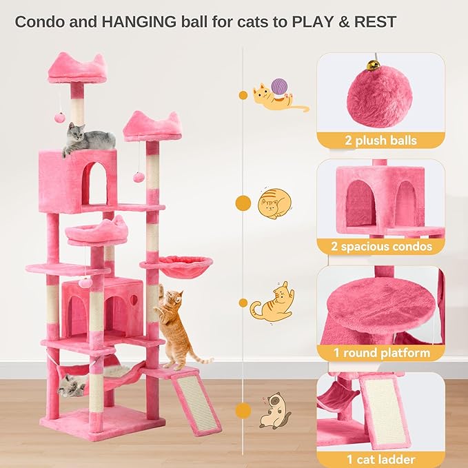 DWVO 75 in Multi-Level Cat Tower: Tall Cats Tree for Indoor Kittens, Pet Furniture with Kitty Condos, Top Perches, Sisal Ramp Scratching Posts, Cozy Basket, Hammocks, Pink