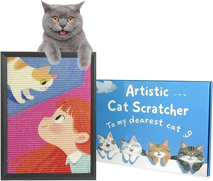 Art Cat Scratcher, Wall Mounted Sisal Cat Scratcher for Indoor Cats 17.01x13.1x1.18 Inches, Furniture Protector, Cat Scratch Rug, Decorative Cat Wall,Easy Install,No Drilling