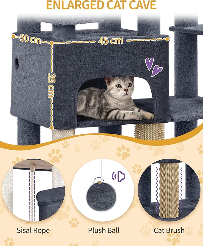 Cat Tree, 200cm XXL Cat Tree with 10 Scratching Posts, 2 Caves, 2 Hammocks, Large Platform, Cat Brushes, Basket, Heavy Duty Cat Tree for Maine Coons, Large Cats, Dark Grey MS20018SG