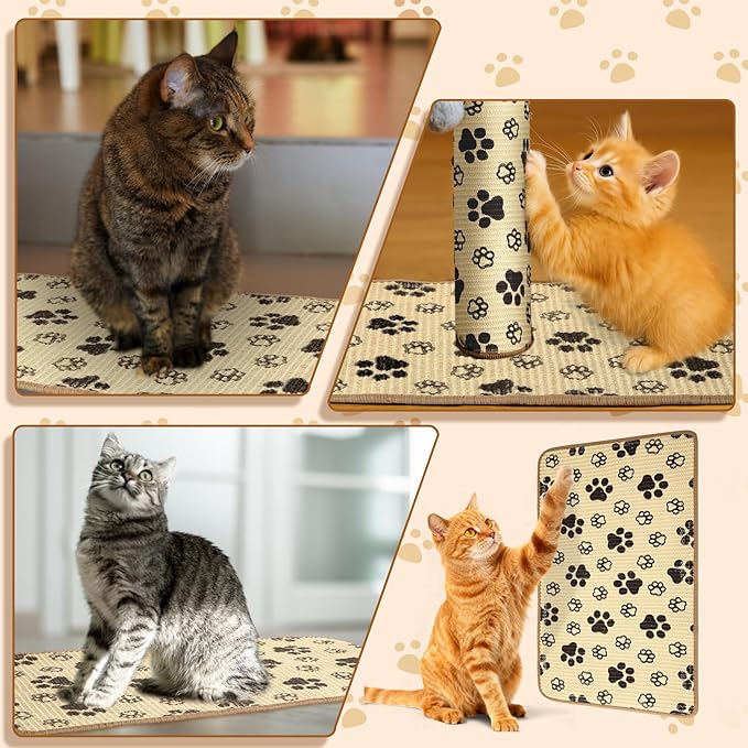 2 Pcs Cat Scratcher Mat Natural Sisal Rug with Cute Paw Print Cat Scratch Scratching Pad Protector for Indoor Floor Wall Couch Furniture with Self-Adhesive Tape 24 x 16 Inch