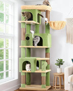 Globlazer Corner Cactus Cat Tree 66 inch Multi-Level Cactus Climbing Tower Kitty Condos Cat Scratching Tower for Indoor Multiple Cats with Large Platform, 3 Cat Caves, F66, Green