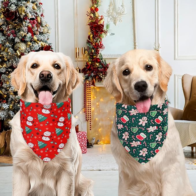 Christmas Dog Bandanas XLarge 2PCS, 4 Pattern Holiday Plaid Scarf for Boy and Girl, Triangle Reversible Bibs Breed for Puppy Pets