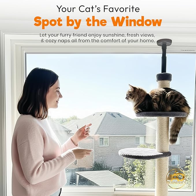 Window Cat Tree & Small Cat Tower (104.5-120.5cm) – Adjustable Cat Window Perch & Shelf for Indoor Cats – Sturdy Window Sill Extender Seat for Large Cats