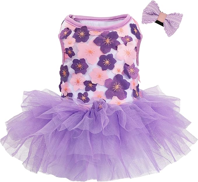 Dog Dress, Fashion Puppy Tutu Princess Dresses for Small Dogs Girl, Sweet Skirt with Dog Bowknot Clips, Spring Dog Cat Clothes Pet Apparel (Purple Floral Dress, Small)