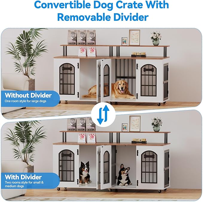 Petrova 63" Dog Crate Furniture for 2 Dogs, Heavy Duty Indoor Dog Kennel for Medium/Large Dogs, Wooden Dog Cage with Removable Divider, 6 Lockable Wheels, Storage Compartment, Beige