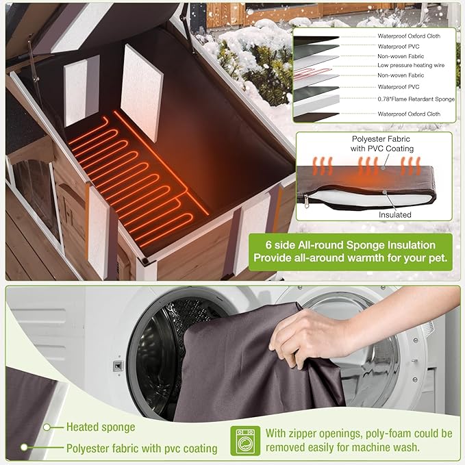 GUTINNEEN Heated Dog House Outdoor with Proch Weatherproof Dog Kennel with Heating Pad Anti-Chewing Iron Frame Dog Shelter for Small Medium Dogs(Dark Brown)
