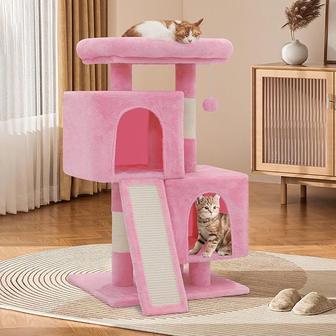Cat Tree Tower with 2 Cat Condo, Cat Tower with Scratching Post & Sisal-Covered Scratching Board Ladder, Cat Climbing Tower, Cat Tree for Indoor Cats 34 Inch, Soft Pink