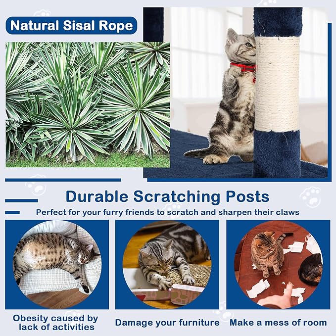 54" Multi-Level Cat Tree Tower with Scratching Posts, Toys & Condo - Space-Saving Design for Indoor Kittens, Compact Floor Footprint & Vertical Space for Multi-Cat Homes-Navy Blue