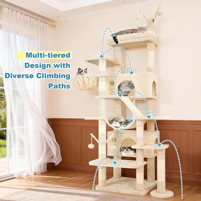 Hey-brother Cat Tree Tower, Sturdy Multi-Level Scratching Posts with Extra Supporting Part, 5 Teaser Toys, 2 Condos, Large Bed, Hammock, Scratch Baord for Indoor Cats, 82.7 Inches, Beige MPJ082M