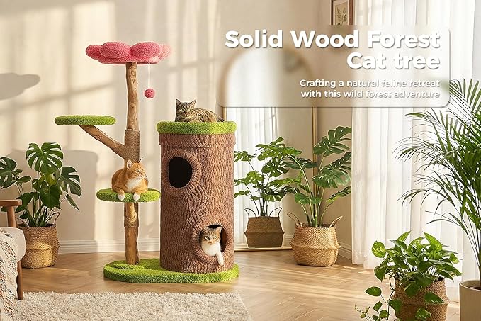 PETEPELA Modern Cat Tree for Indoor Cats Large Adult w/Flower Perch, 53.5" Flower Cat Tower with Solid Wood Scratching Post & Cozy Condos, Forest Cat House for Multi-Cat Household