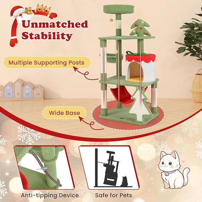 Tangkula Christmas Cat Tree, 52” Tall Cat Tower with Sisal Scratching Posts & Xmas Tree, Plush Perch, Gift Box Shaped Condo, Hanging Toys, Basket Bed, Hammock, Cute Cat Tree Tower Holiday Decoration