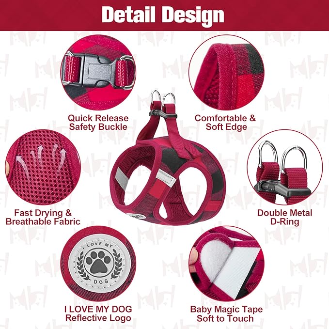 BEAUTYZOO Small Dog Harness and Leash Set,Step in No Choke No Pull Soft Mesh Dog Harnesses Reflective for Extra-Small/Small Medium Puppy Dogs and Cats, Plaid Dog Vest Harness for XS S Pets, Red, XXS