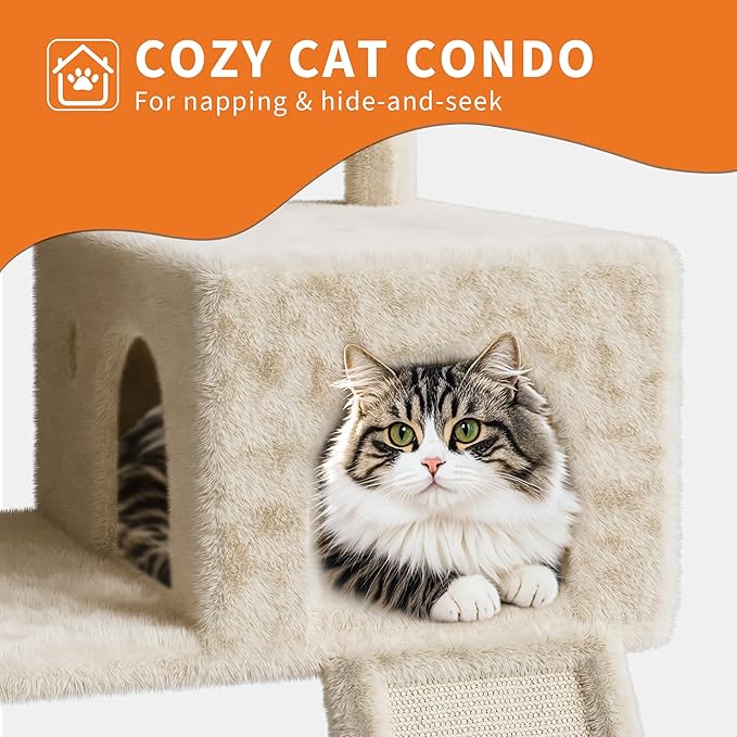 68.5 in Multi-Level Cat Tree for Indoor Cats Large Adult Heavy Duty Cat Tower for Large Cats with 2 Condos/Plush Perches/Sisal Scratching Posts/Hammocks/Basket/Dangling Balls, #2605 Beige