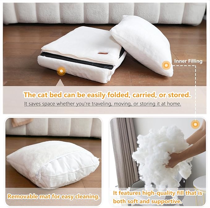 Cat Bed for Indoor Cats,2-in-1 Convertible Cat Bed & Cave,Foldable Washable Cat House,Soft and Thick Removable Inner pad, Anti-Slip Bottom,cat Tent for Kittens,Cats & Small Dogs,Cream
