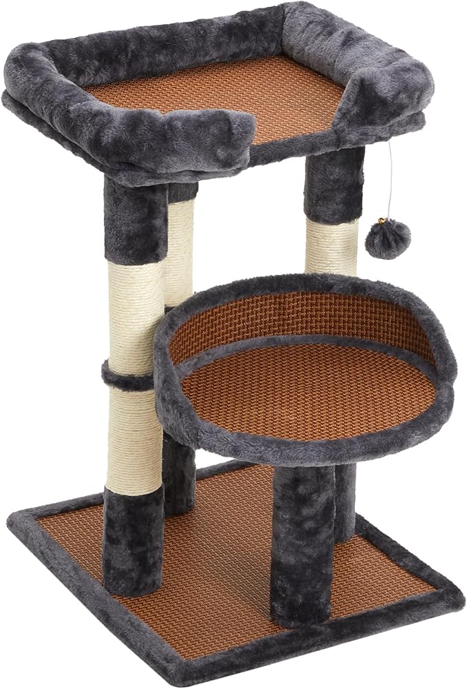 Multi-Level Cat Tree for Indoor Adult Cats, Modern Cat Tower with Double Beds & Scratching Posts, Cute Cat Tree Tower for Large Cats and Kitten, Small Cat Tree Tower with Hanging Toys, Grey