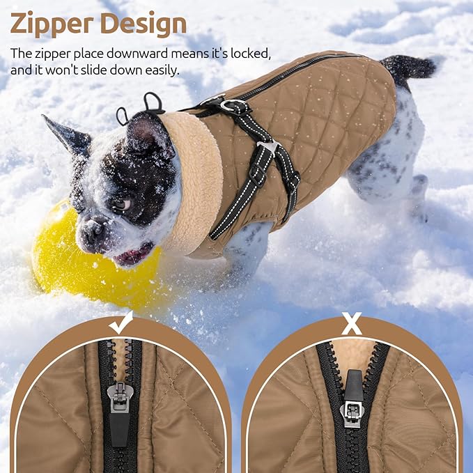 Queenmore Dog Winter Jacket, Dog Coats for Large Dogs, Warm Cozy Pet Jacket Winter with Harness Built in, Waterproof Pet Snow Jacket, Thick Fleece Lining Snowsuit for Large Dogs, Brown L