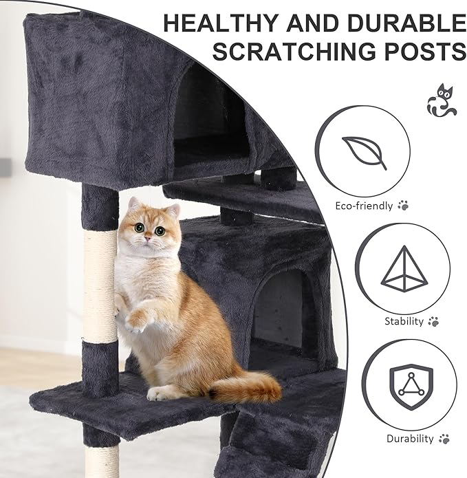 70" Multi-Level Cat Tree Tower with Scratching Posts, Toys & Condo - Space-Saving Design for Indoor Kittens, Compact Floor Footprint & Vertical Space for Multi-Cat Homes-Light Grey