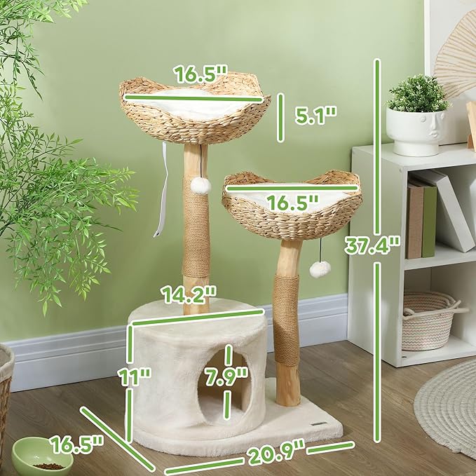 37 Inch Cat Tree with Scratching Posts - Modern Wooden Cat Tower with Condo, Plush Beds, Cushions & Toy Balls, Anti-Tip Kit for Indoor Cats, Multi-Level Furniture for Small to Medium Cats