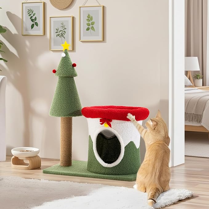 AQUILLA 29.7in Christmas Cat Tree Tower for Indoor Cats, Multi-Level Cat Condo with Sisal Scratching Posts, Cozy Hideaway & Top Perch, Red & Green Holiday Pet Play House for Small Cats and Kittens