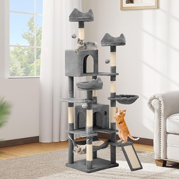 DWVO 75 in Multi-Level Cat Tower: Tall Cats Tree for Indoor Kittens, Pet Furniture with Kitty Condos, Top Perches, Sisal Ramp Scratching Posts, Cozy Basket, Hammocks, Light Gray