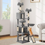 DWVO 75 in Multi-Level Cat Tower: Tall Cats Tree for Indoor Kittens, Pet Furniture with Kitty Condos, Top Perches, Sisal Ramp Scratching Posts, Cozy Basket, Hammocks, Light Gray
