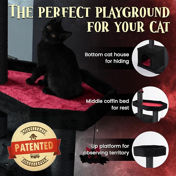 Gothic Cat Tree-Spooky Cat Tree with Coffin Bed,Cat Condo,Thick Scratching Post for Halloween