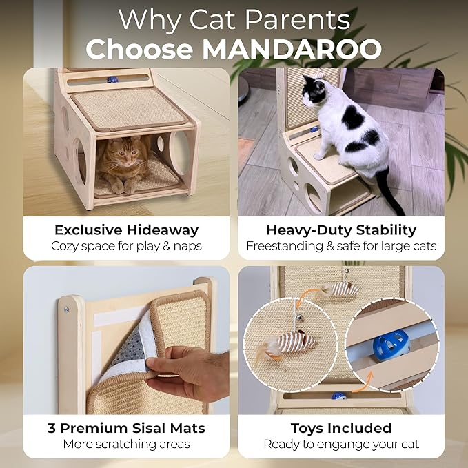 L Shaped Cat Scratching Post with Toy – Sisal Scratch Pad & Hideaway for Indoor Cats | 33'" Vertical & Horizontal No Mess Scratching Ramp for Large Cats – MANDAROO