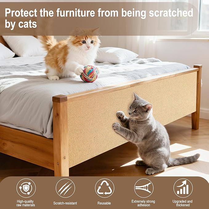 Cat Scratch Mat for Couch, Wall & Cat Tree - 78.7" Trimmable Self-Adhesive Cat Scratcher, Cat Scratch Furniture Protector, Felt Alternative to Sisal, DIY Cat Tower Replacement, 2 Pack(Khaki)