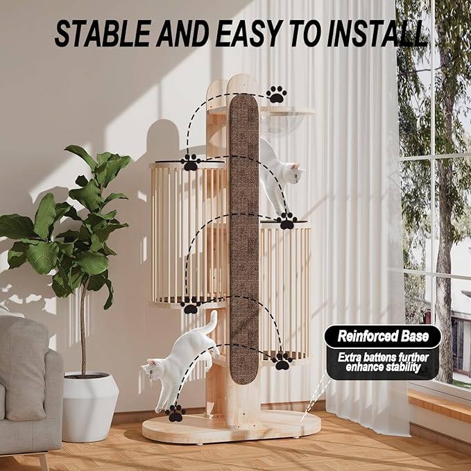 Modern Cat Tree Tower for Indoor Cats, 67" Tall Solid Wooden Cat Tower with Scratching Posts, 6 Level Natural Luxury Cat House with Big Bed, Washable Cushions Cat Furniture for Large Cats Brown