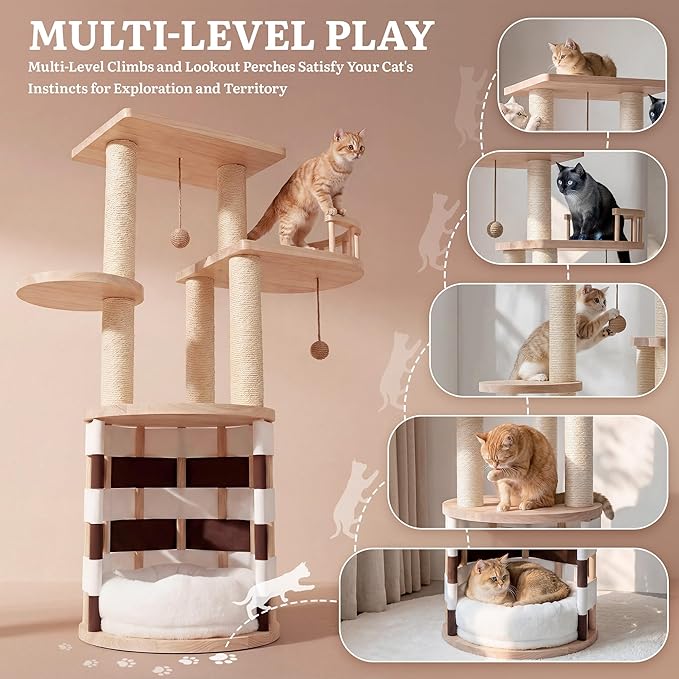 YITAHOME Stable Pine Wood Cat Tree, Multi-Level Cat Tower with Cat House, Observation Perches, Plush Bed, Sisal Scratching Posts & Interactive Balls, Cat Furniture