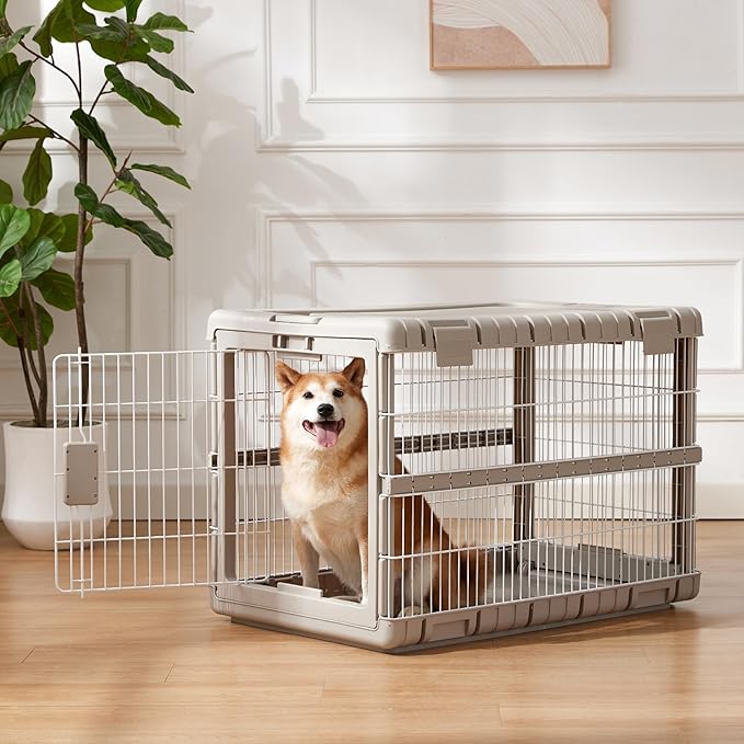 Collapsible Dog Crate for Large Dogs - 36" L Heavy Duty Dog Kennel No Tools Required with 4 Sides Steel Foldable Cage for Dogs Indoor Furniture, Portable Carrier with 2 Smooth Wheels, Beige