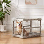 Collapsible Dog Crate for Large Dogs - 36" L Heavy Duty Dog Kennel No Tools Required with 4 Sides Steel Foldable Cage for Dogs Indoor Furniture, Portable Carrier with 2 Smooth Wheels, Beige