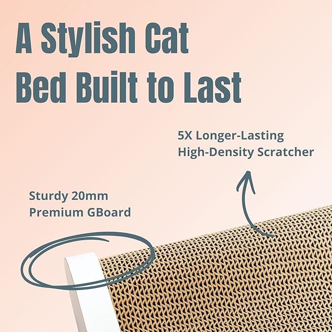 Claw Surfer Cat Bed - Cat Scratcher Bed & Lounge – Heavy Duty High-Density Cardboard, Lasts 5X Longer. Modern Curved Scratching Pad with 20mm White Frame. Non-Toxic, No Mess, White