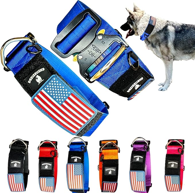 Tactical Dog Collar 2 Inch Wide Thick Heavy Duty Military Style with Metal Buckle, Adjustable for Medium - Large Breeds, Durable K9 Training Gear with Patch Area, USA Flag Patch, Strong and Secure Fit