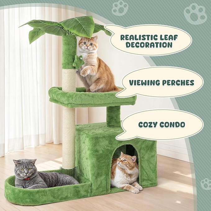 Magshion 32" Cat Tree for Kittens and Senior Cats, Leaf-Themed Small Cat Tower with Scratching Posts, Cozy Condo, Low Perch & Hanging Toys for Indoor Cats, Space-Saving Cat House, Green