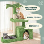 Magshion 32" Cat Tree for Kittens and Senior Cats, Leaf-Themed Small Cat Tower with Scratching Posts, Cozy Condo, Low Perch & Hanging Toys for Indoor Cats, Space-Saving Cat House, Green