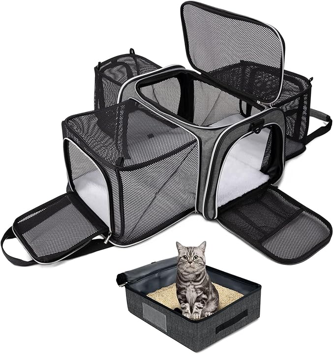 BAGLHER Expandable Cat Carrier with Travel Litter Box, Pet Travel 5 Sides Open Doors 3 Sides, Leak-Proof and Collapsible, for Car, Airplane Trip, Grey