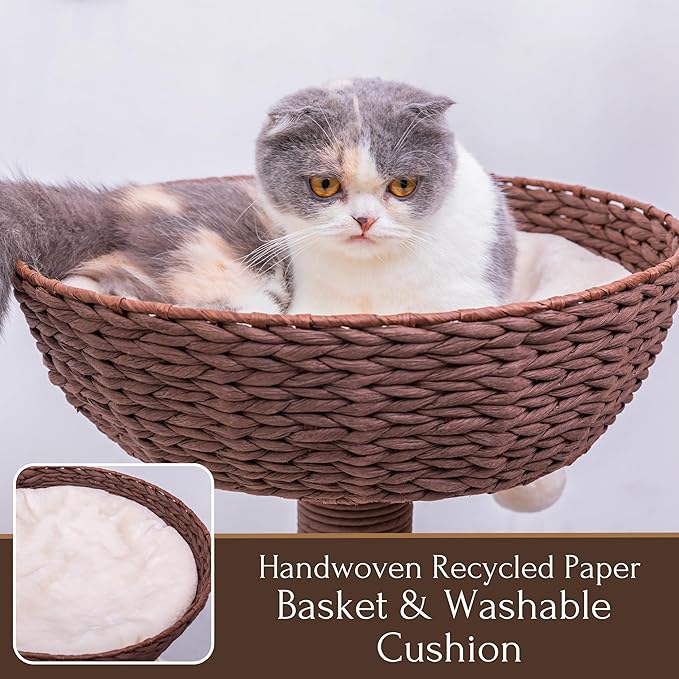 PetPals 5-Level 35" Cat Tree Tower with Paper Handwoven Basket Bed,Multi-Level Climbing Activity Tower with Replaceable Paper Rope Scratching Posts (Cream and Brown)