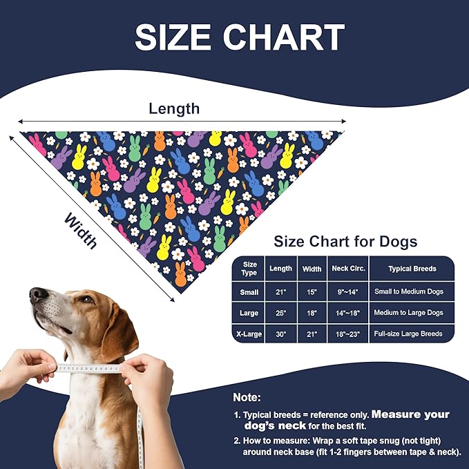 Easter Dog Bandana for Large X-Large Dogs - Reversible Navy Bunny & Pastel Stripes Scarf, Cute Pet Accessory for Spring Gift (18-23" Neck)
