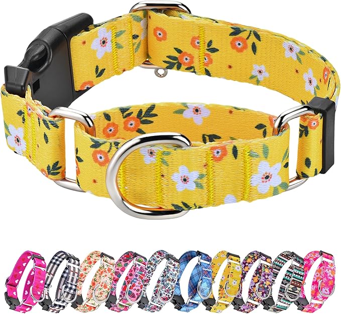 Hikiko Martingale Collar for Dogs Cute Floral Dog Collar for Small Medium Large Dogs Soft Nylon Quick Release Dog Collars (Yellow Flower,Large)